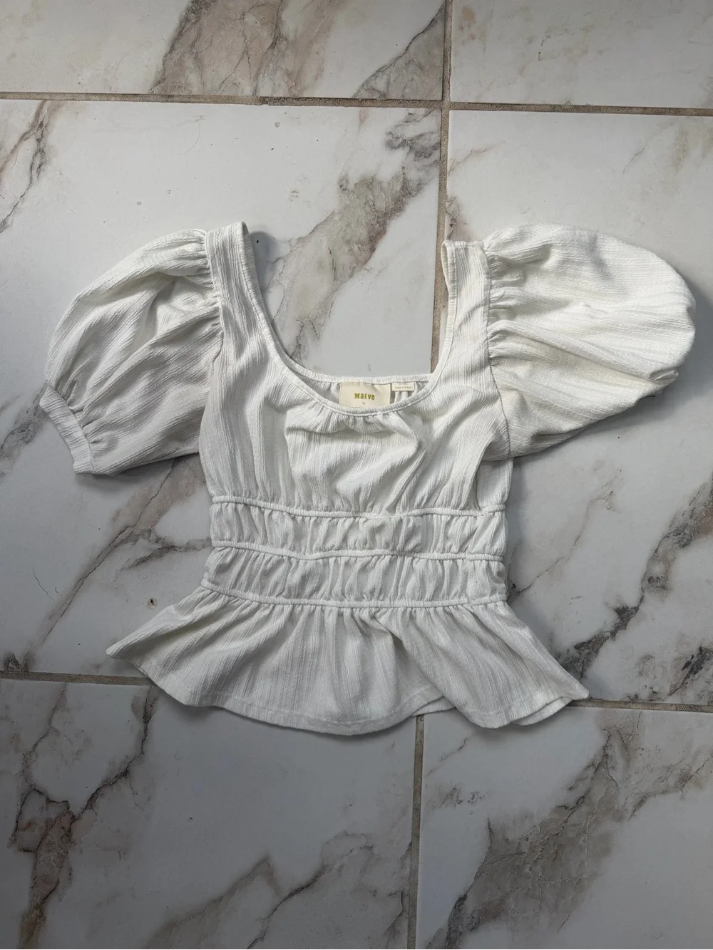 Anthropologie White Puff-Sleeve Smocked Peplum Top
